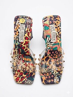 Cape Robbin Popo Multi-Print Studded High Heel Mules
